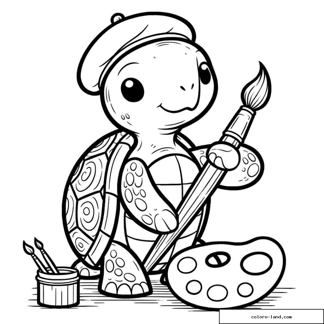 Tortue peintre avec un pinceau et une palette à colorier.
