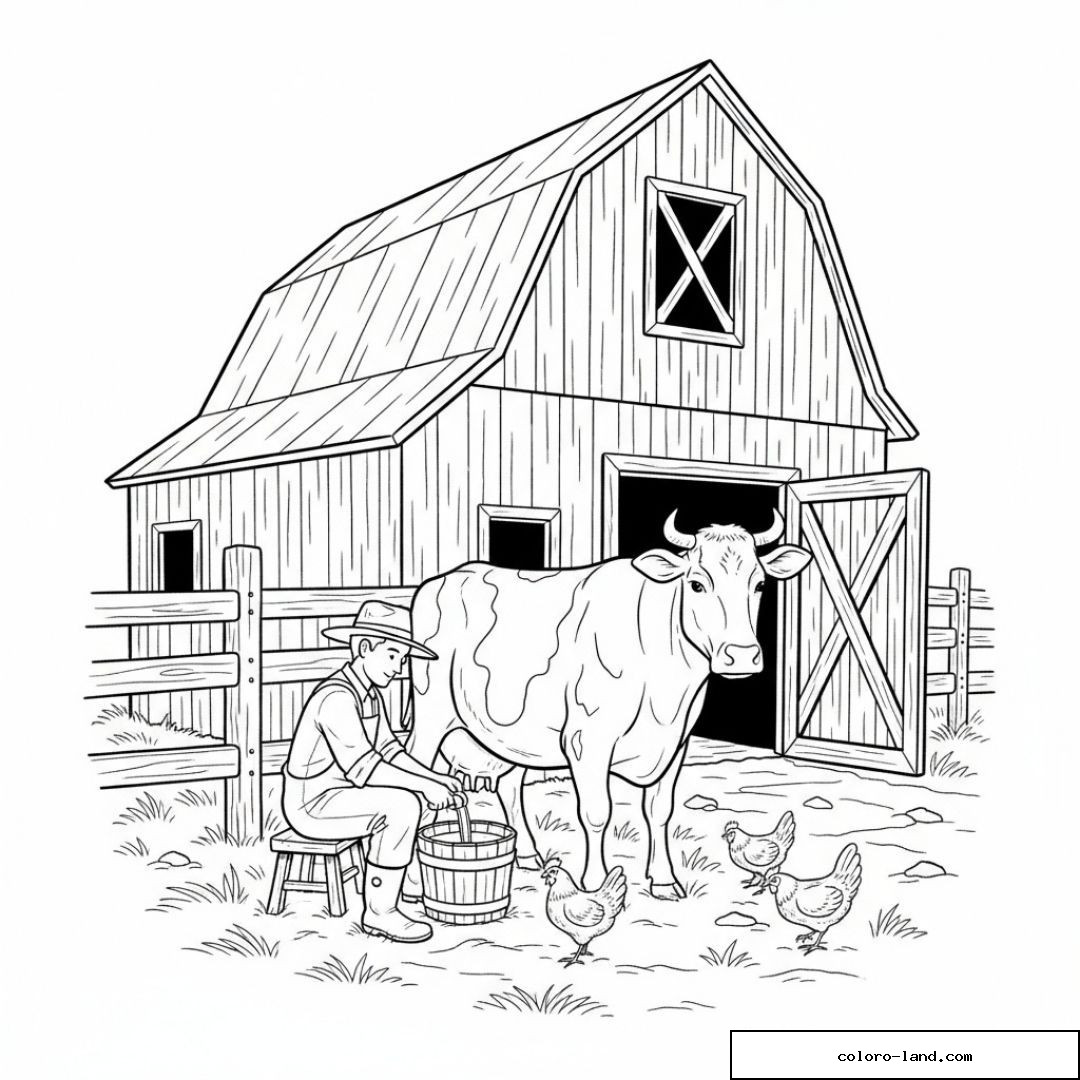 Coloriage ferme avec un fermier trayant une vache près de poules