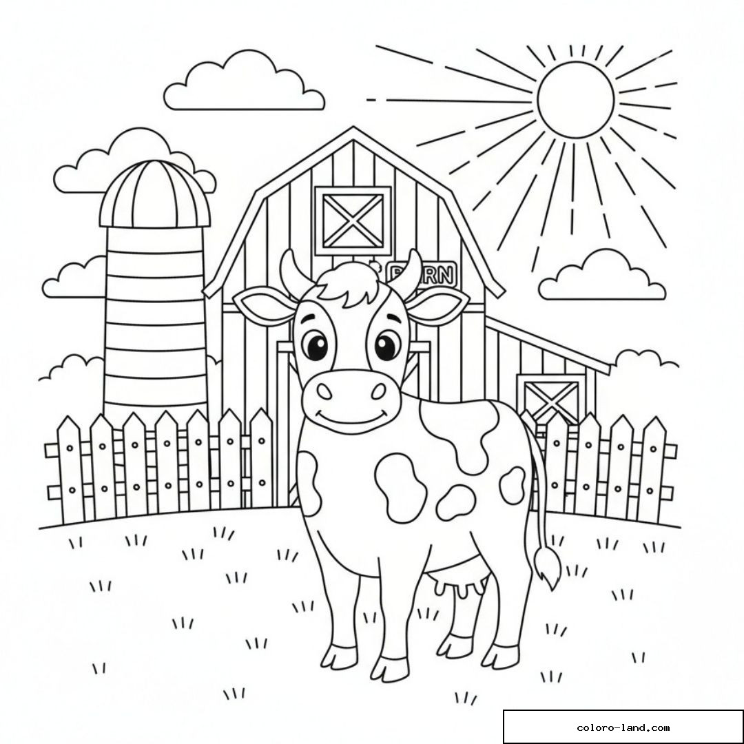 Dessin d'une vache souriante près d'une grange sous un soleil éclatant.