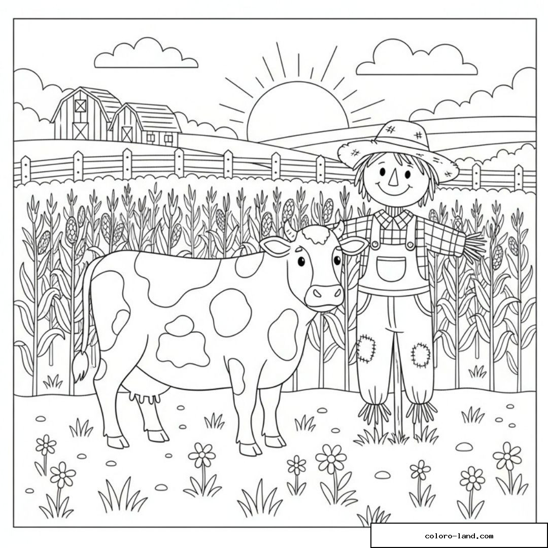 Vache et épouvantail dans un champ de blé au lever du soleil.