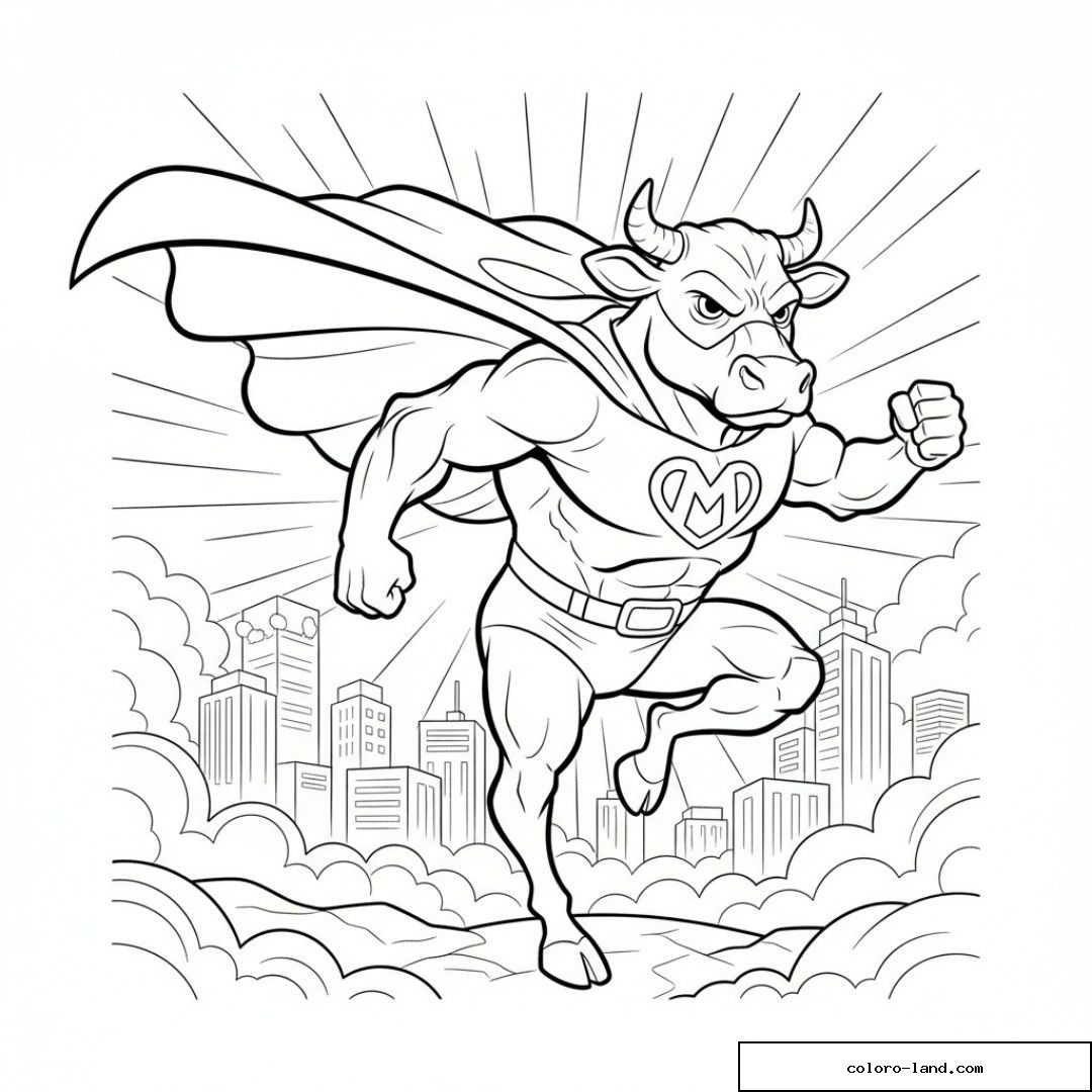 Super vache musclée volant au-dessus de la ville