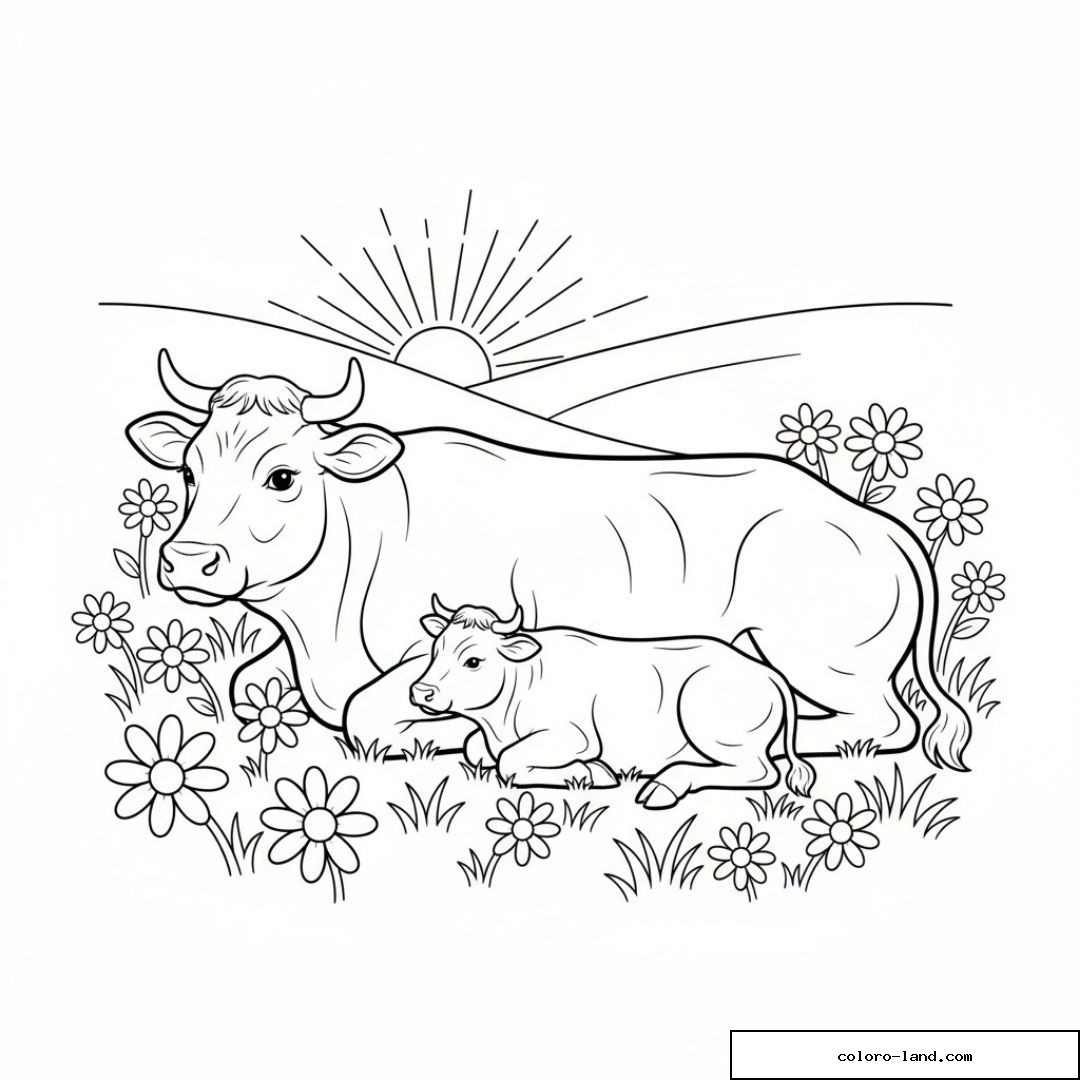 Vaches et veau sous un soleil levant dans un champ de fleurs.