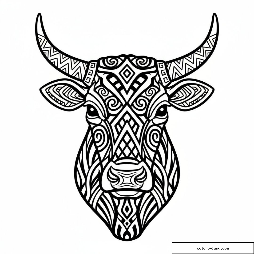 Dessin détaillé de tête de taureau tribal à colorier