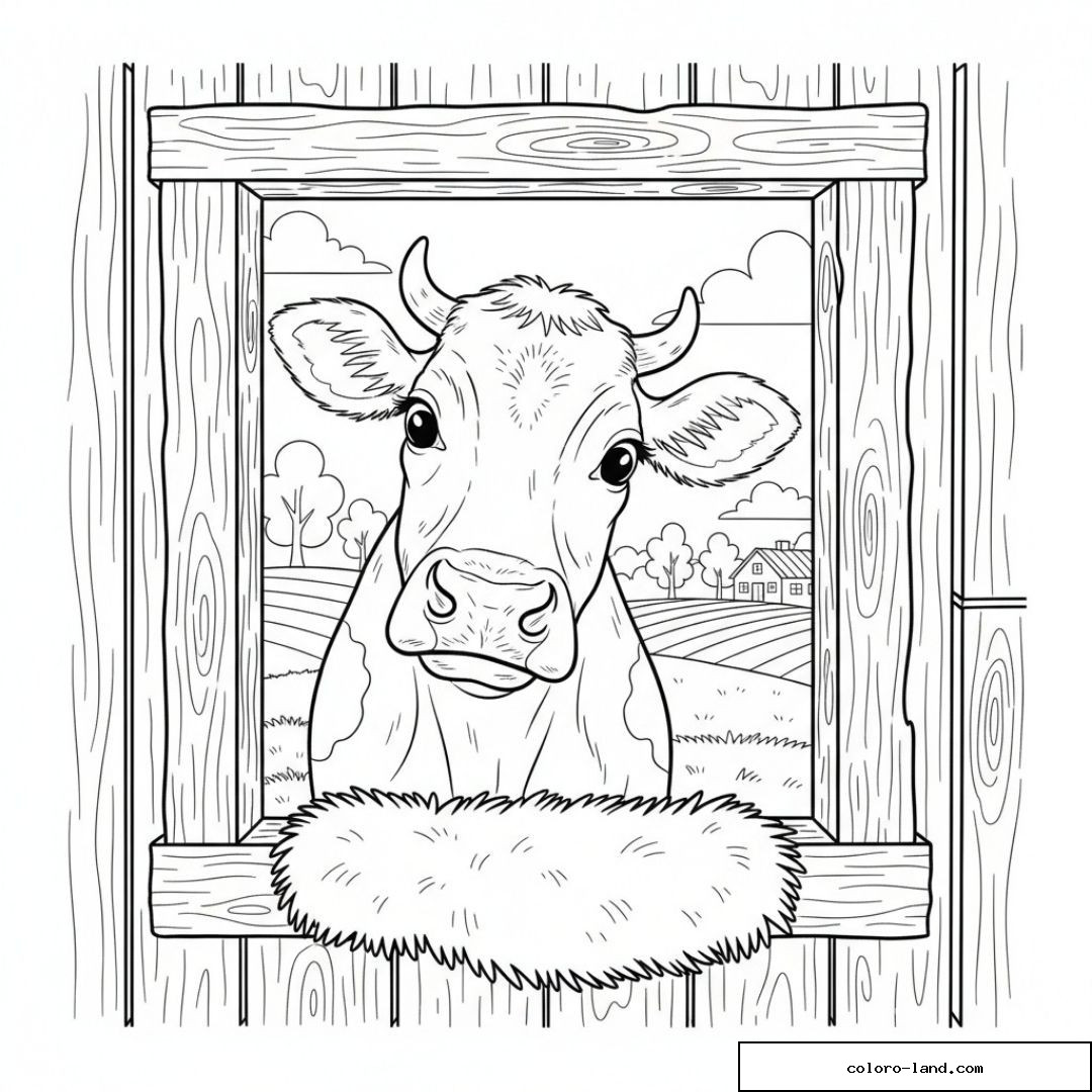 Dessin de vache dans un cadre champêtre avec fond de ferme