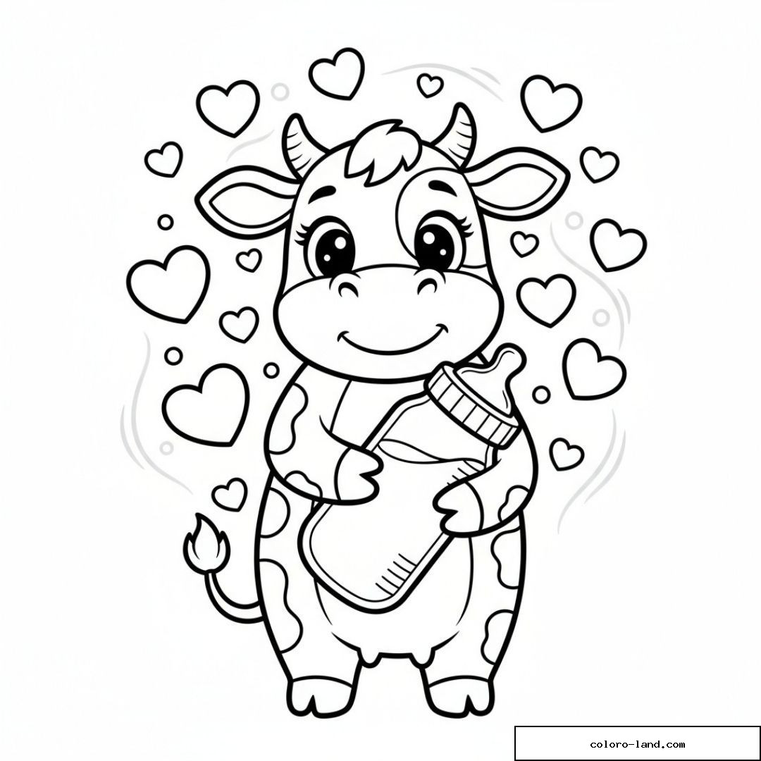 Image de vache mignonne tenant un biberon entouré de cœurs