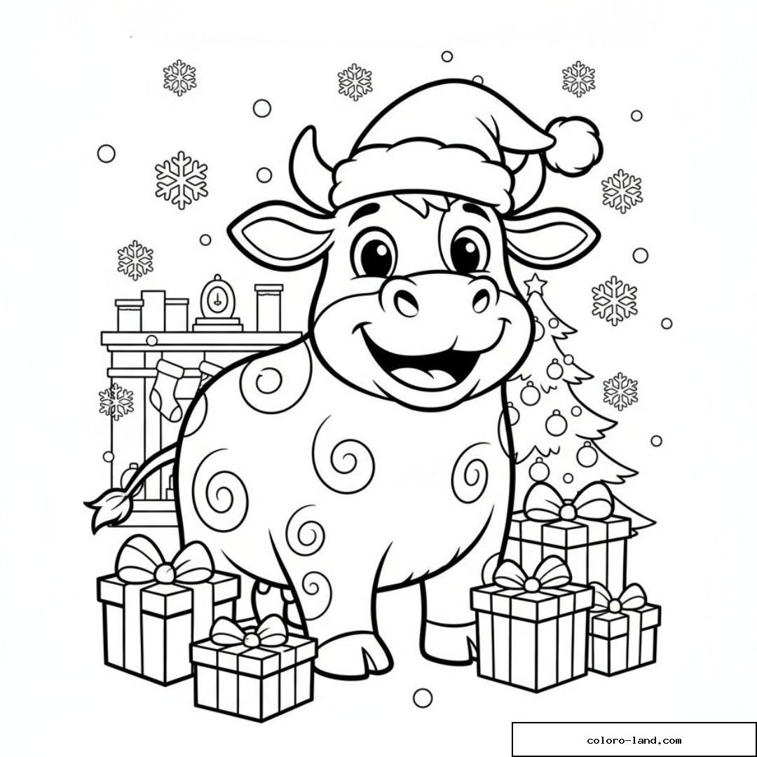 Vache Noël entourée de cadeaux