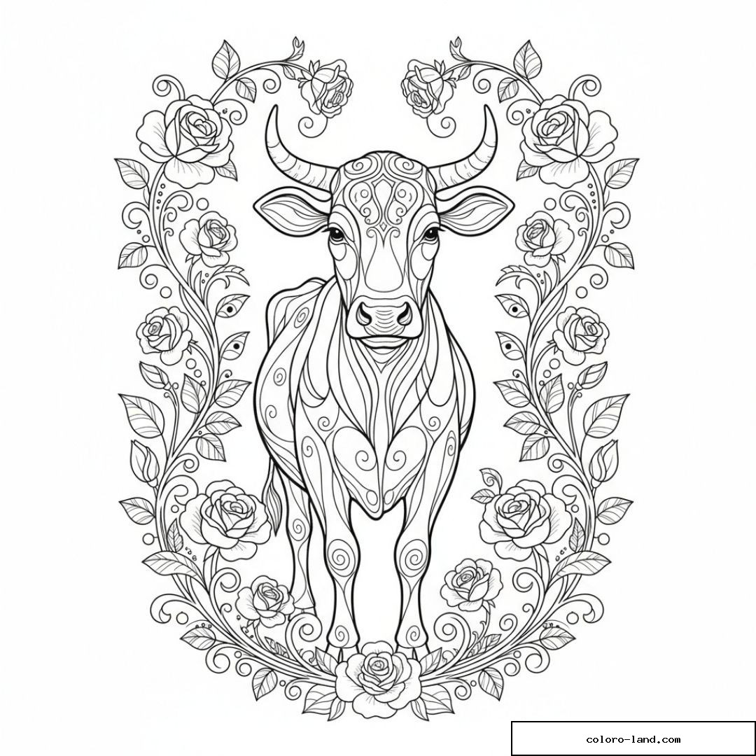Image de vache stylisée avec motifs floraux et contours détaillés.