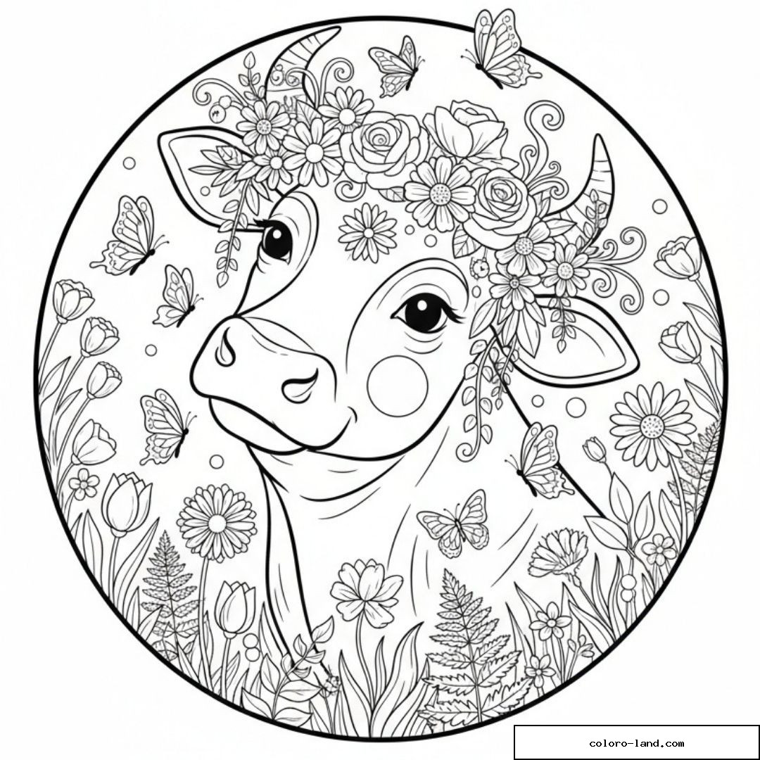 Dessin de vache avec couronne de fleurs et papillons