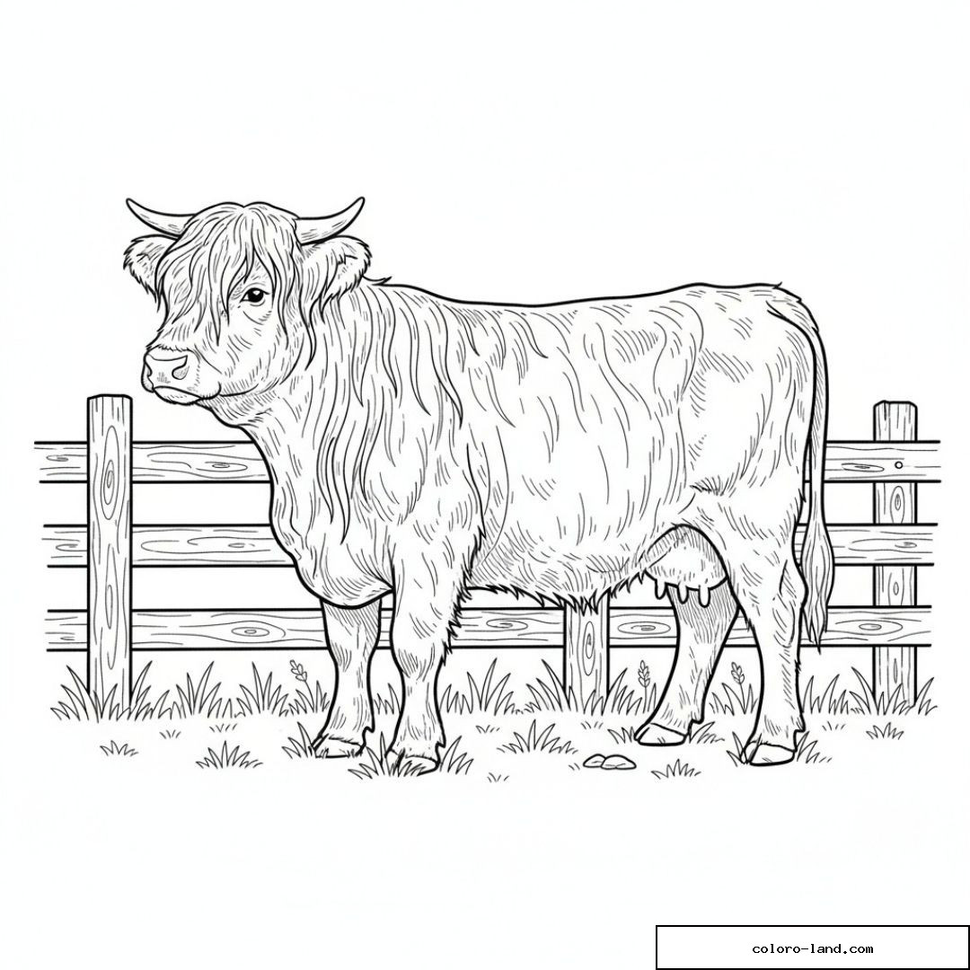 Coloriage de vache Highland avec clôture en arrière-plan.