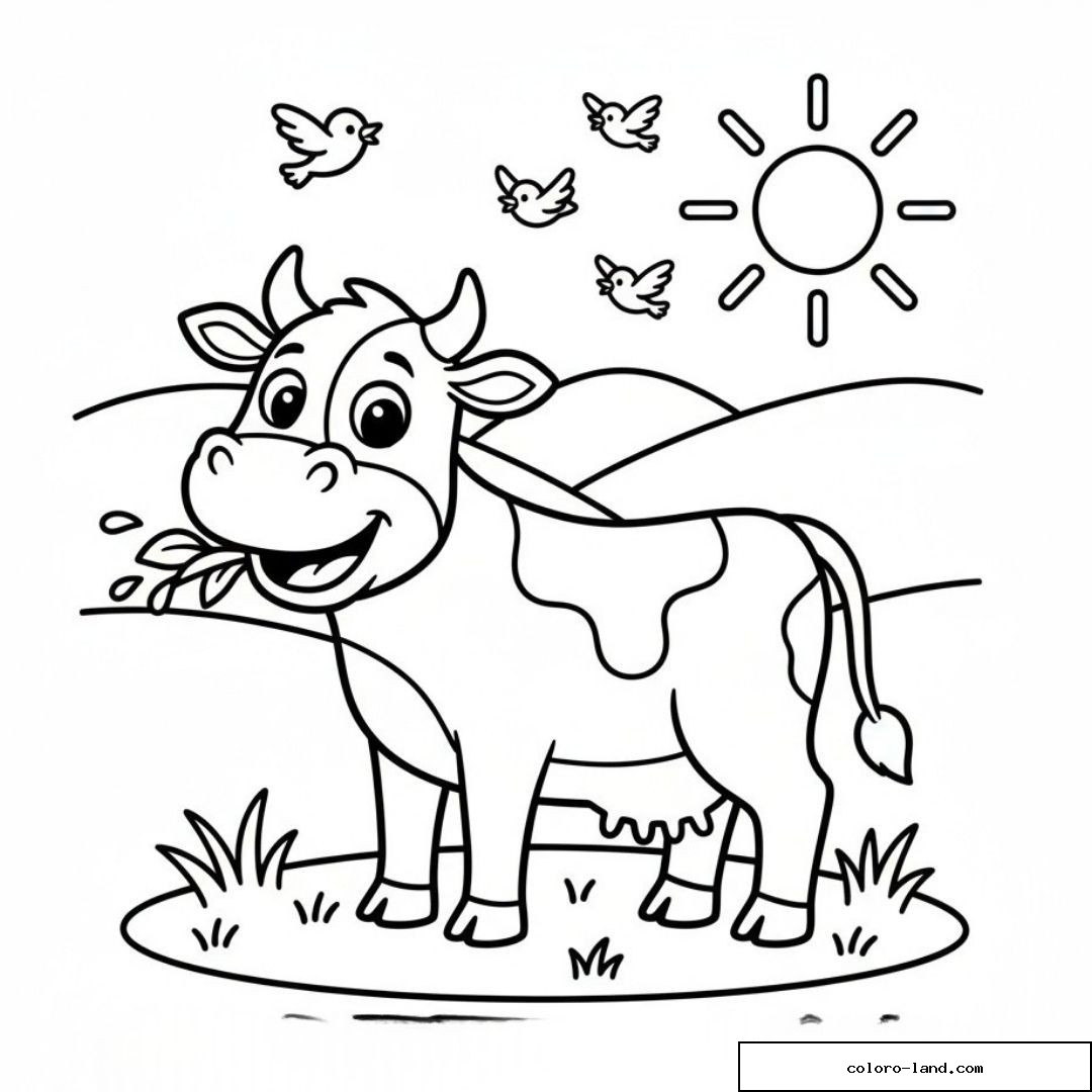 Dessin de vache souriante avec oiseaux