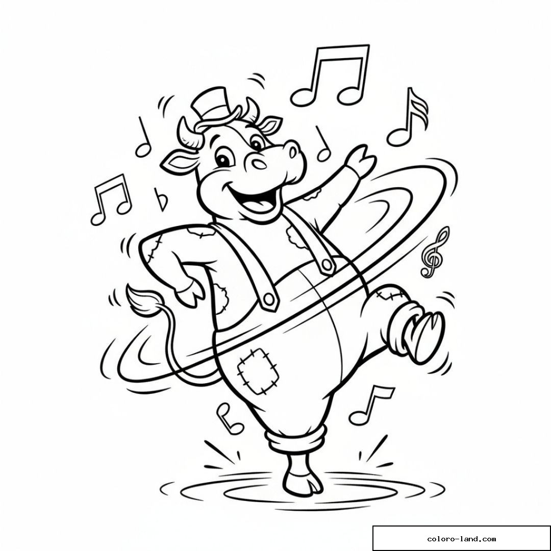 Coloriage de vache qui danse avec des notes de musique autour