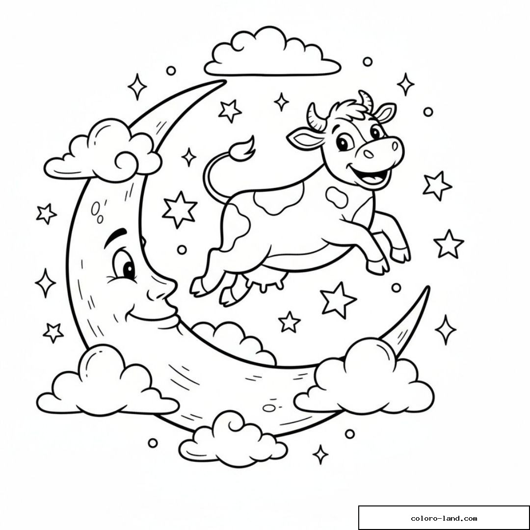 Vache joyeuse sautant au-dessus de la lune entourée d'étoiles et de nuages.