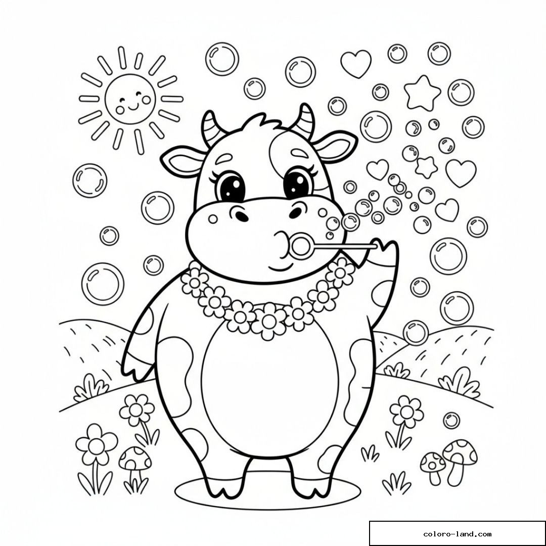 Dessin vache amusante soufflant des bulles dans un champ fleuri