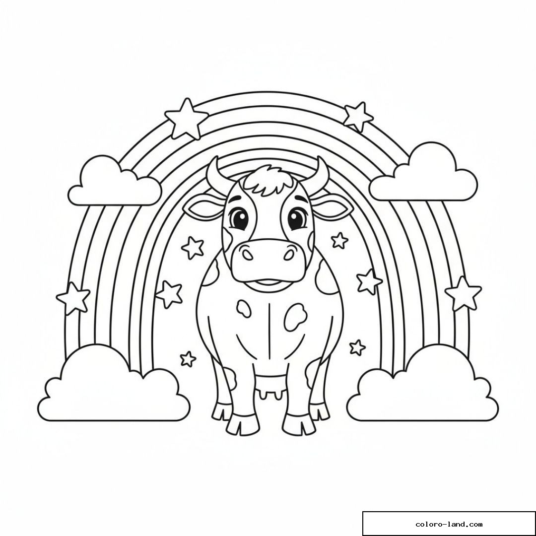 Vache sous arc-en-ciel avec étoiles et nuages à colorier