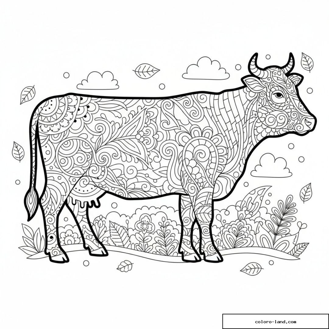 Dessin d'une vache mandala avec motifs complexes et nature environnante