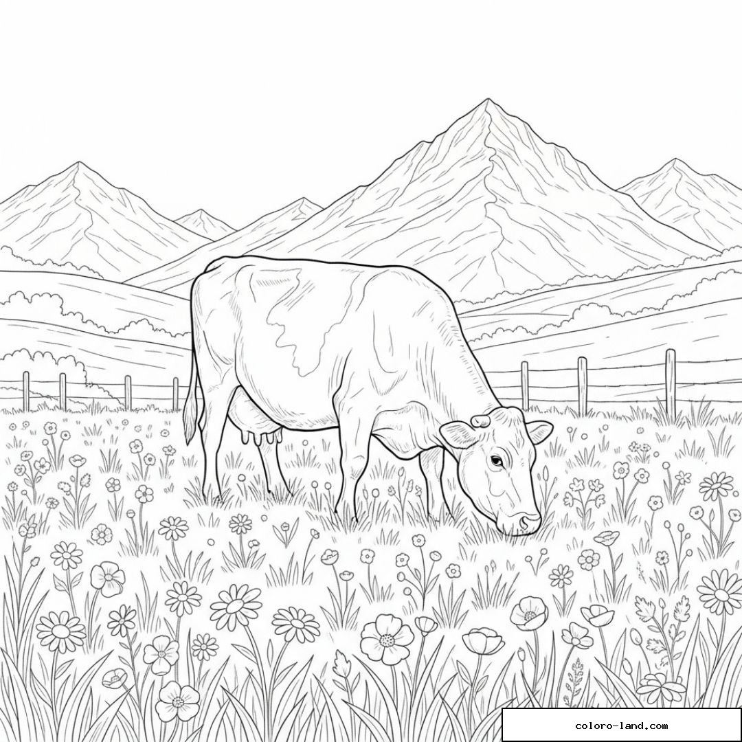 Vache broutant dans un champ fleuri entouré de montagnes.