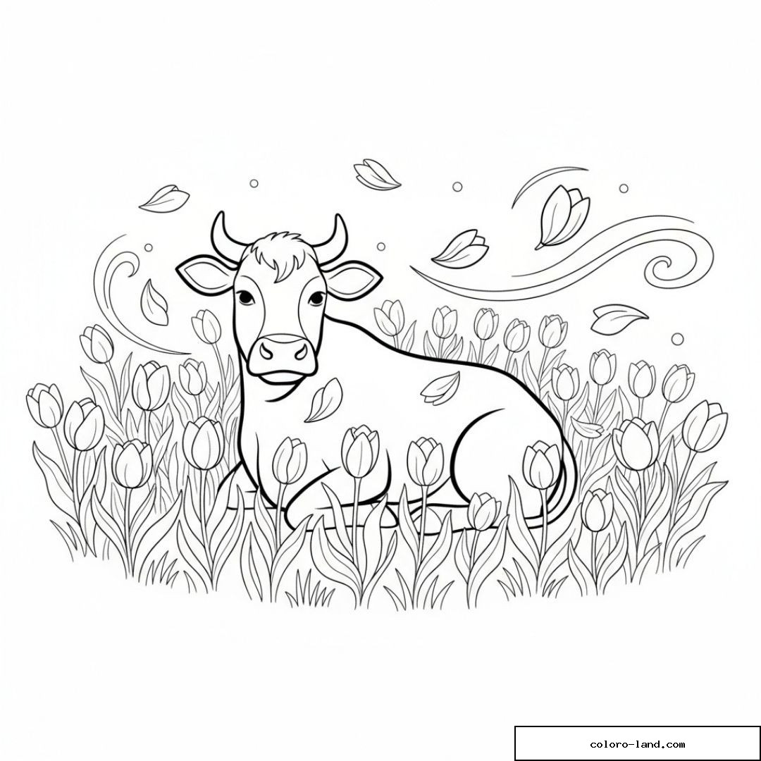 Dessin de vache dans un champ de tulipes avec pétales volants