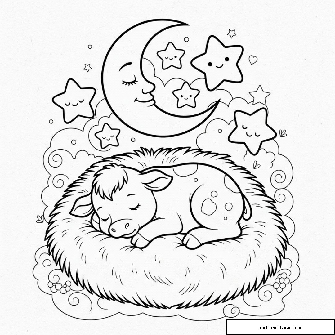 Dessin veau endormi sous la lune étoilée