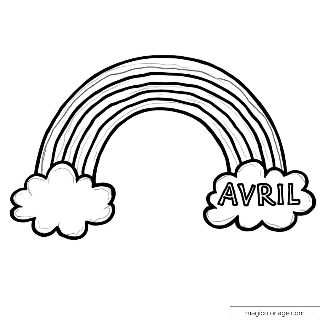 Arc-en-ciel avec nuages et texte "Avril" à colorier.