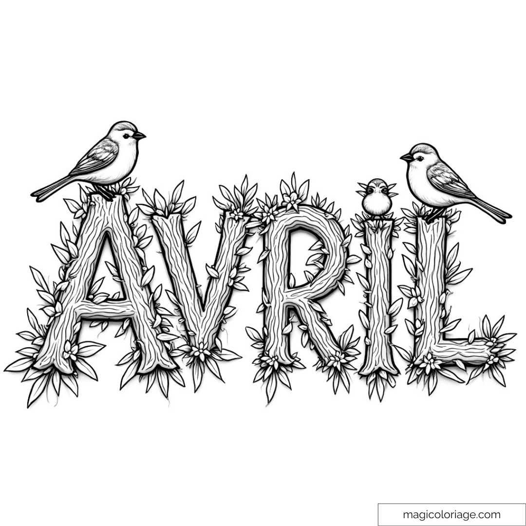 Mot "Avril" décoré de feuillage et d'oiseaux