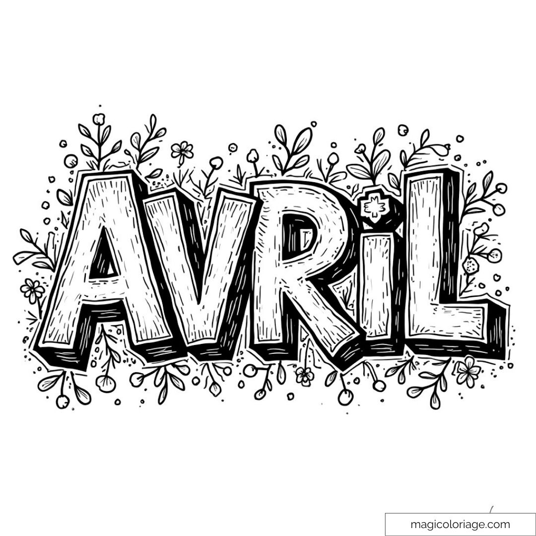 Image de "Avril" entouré de fleurs à colorier