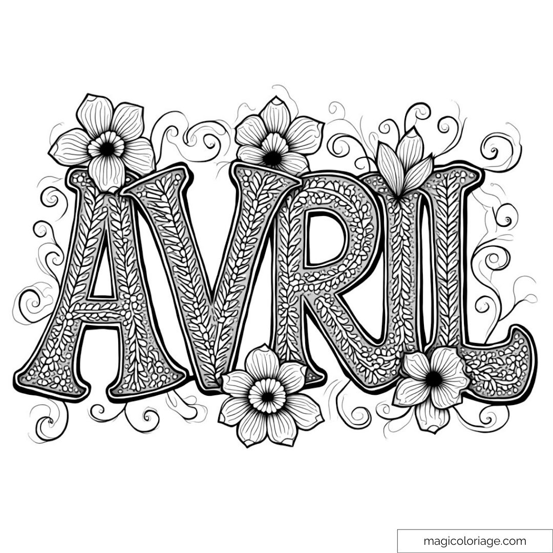 Mot "Avril" avec fleurs et embellissements pour coloriage créatif.