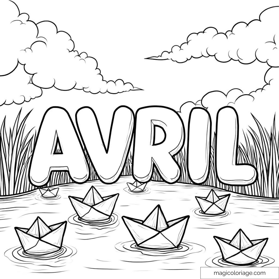 Dessin de bateaux en papier flottant sur l'eau avec écriture "Avril".