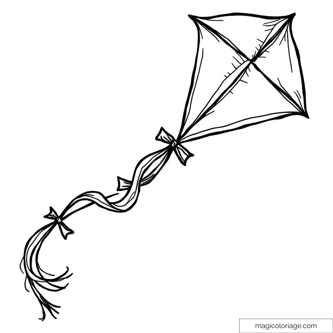 Dessin de cerf-volant prêt à colorier avec de longs rubans dans le vent.