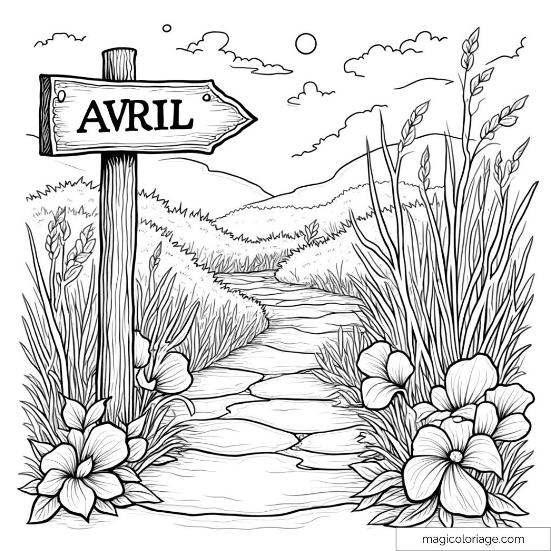 Dessin de chemin rural entouré de fleurs et panneau indiquant Avril.