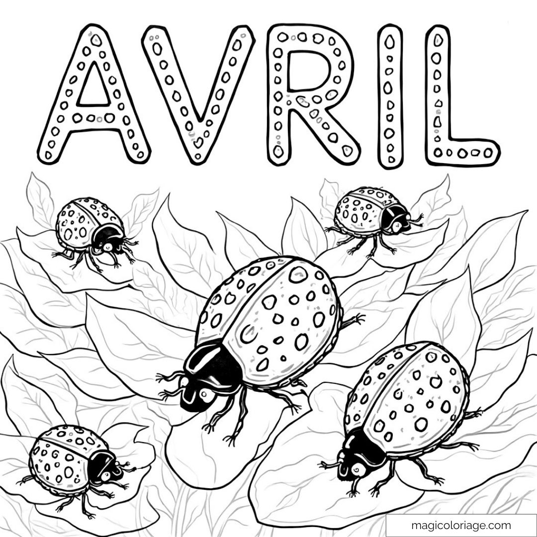Dessin de coccinelles sur des feuilles pour le mois d'avril.