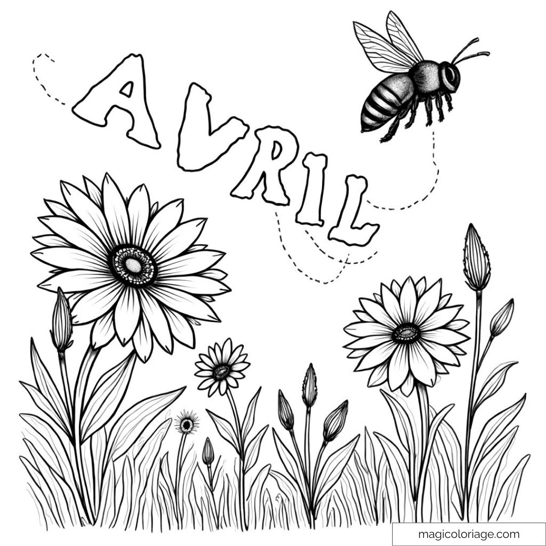 Coloriage d’une abeille avec des fleurs et le mot "avril"