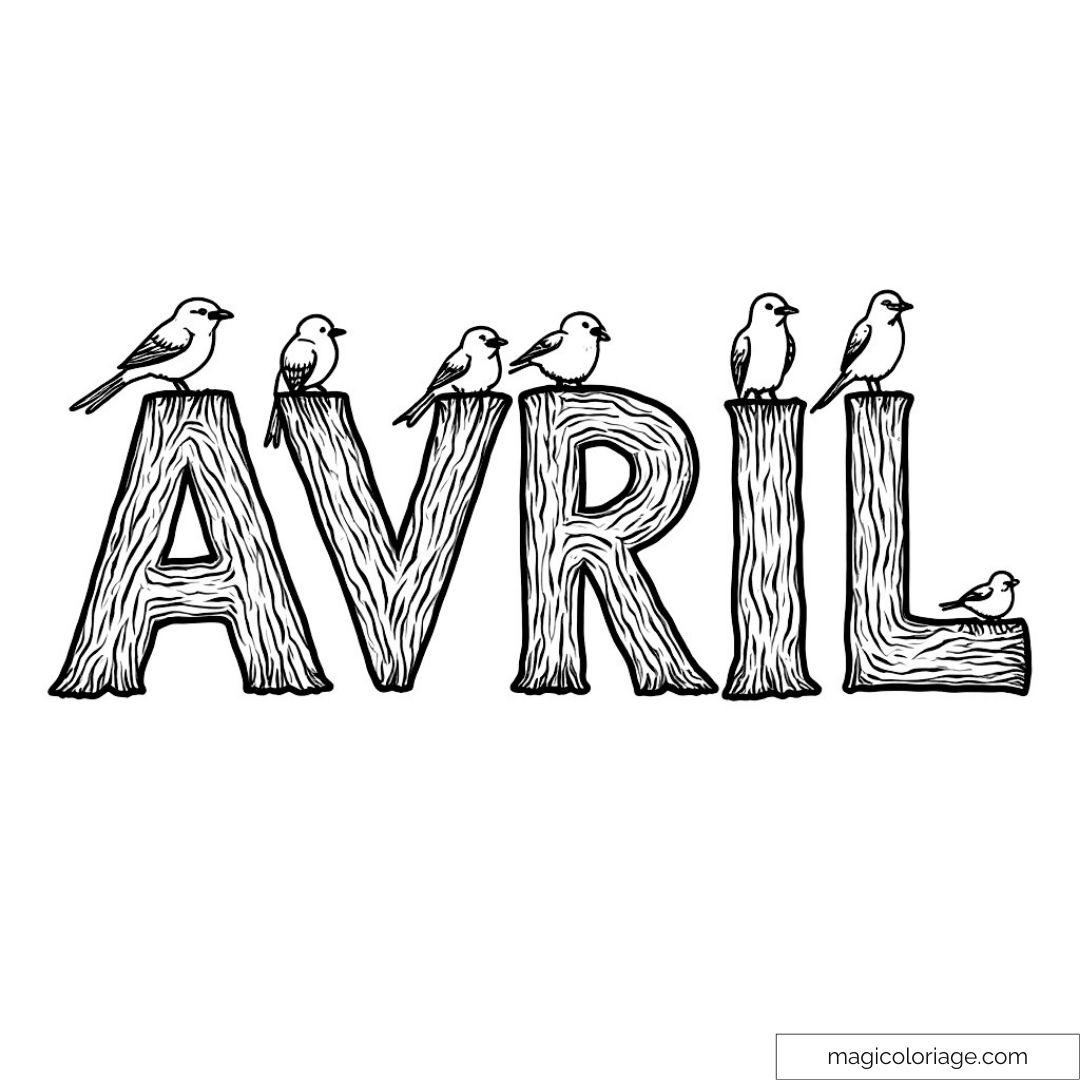 Coloriage lettres "Avril" avec oiseaux perchés sur bois.