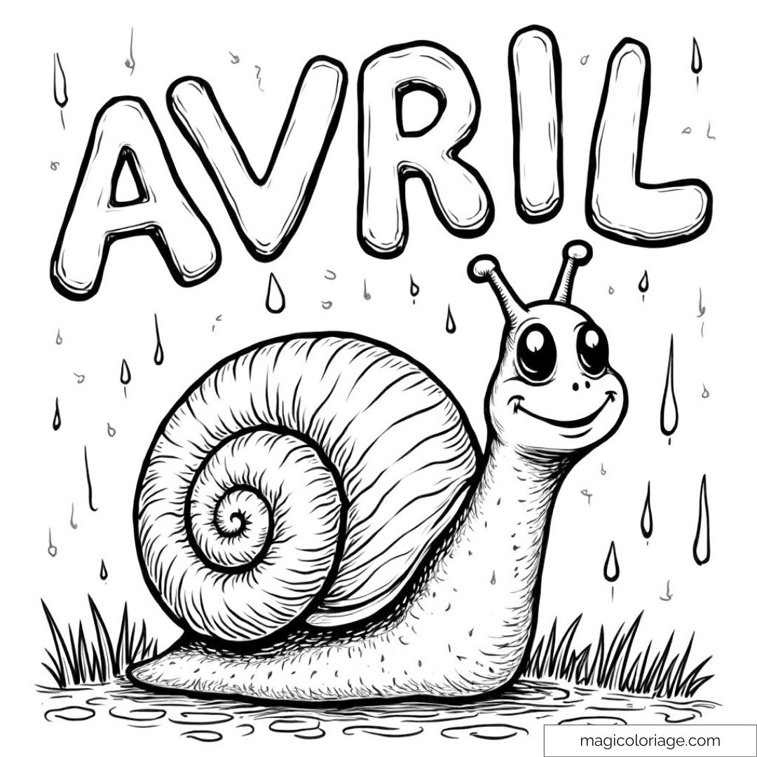 Dessin d'un escargot joyeux sous la pluie avec le mot "Avril"