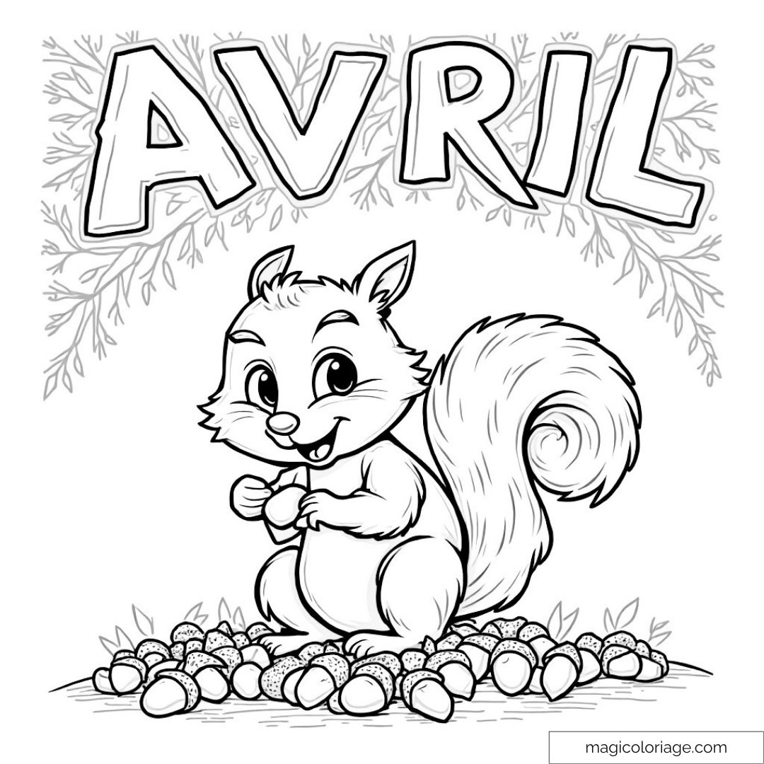 Un écureuil souriant entouré de glands avec le mot "Avril" en arrière-plan.