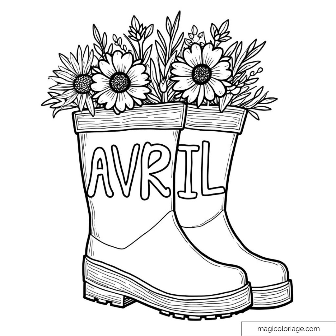 Des bottes de pluie avec des fleurs de printemps écrasées par le mot "Avril".