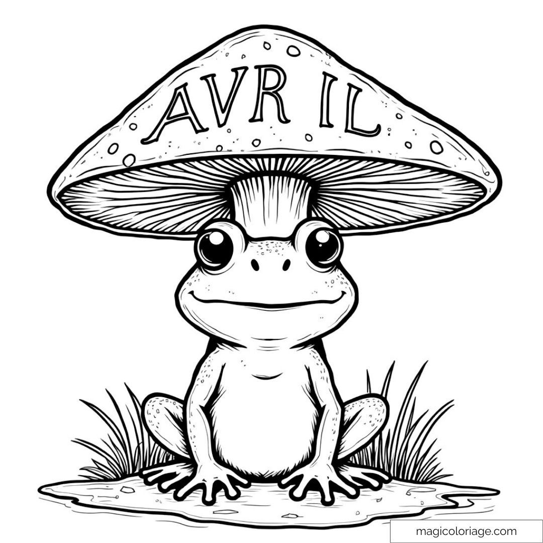 Grenouille cartoon sous un champignon avec le texte "avril".