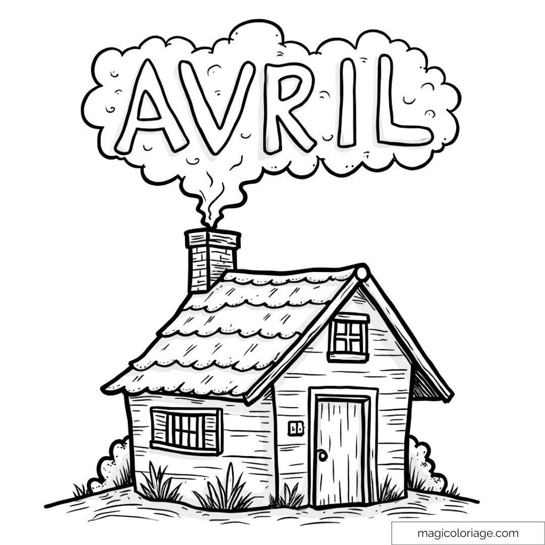 Maison en bois avec fumée sortant de la cheminée formant le mot "AVRIL"