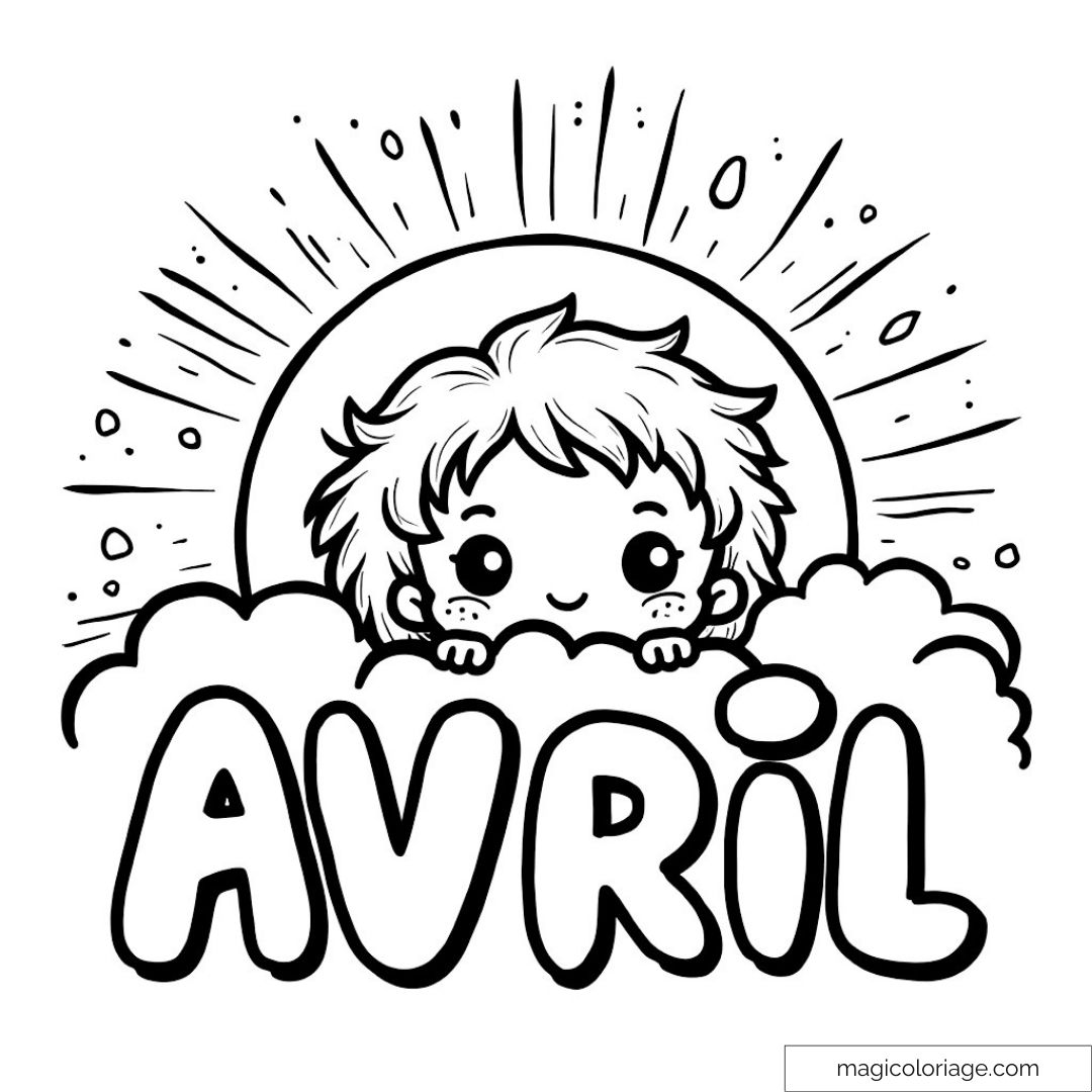 Coloriage d'un enfant souriant avec nuages et texte "Avril".