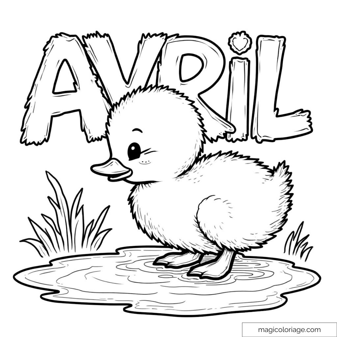 Dessin d'un caneton mignon avec texte "avril" à colorier