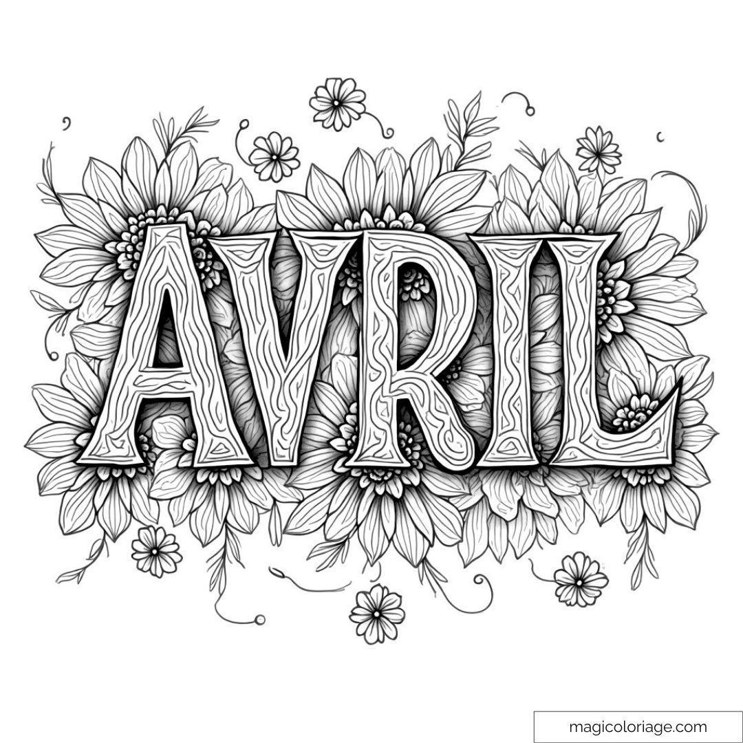 Dessin "Avril" avec motifs floraux détaillés