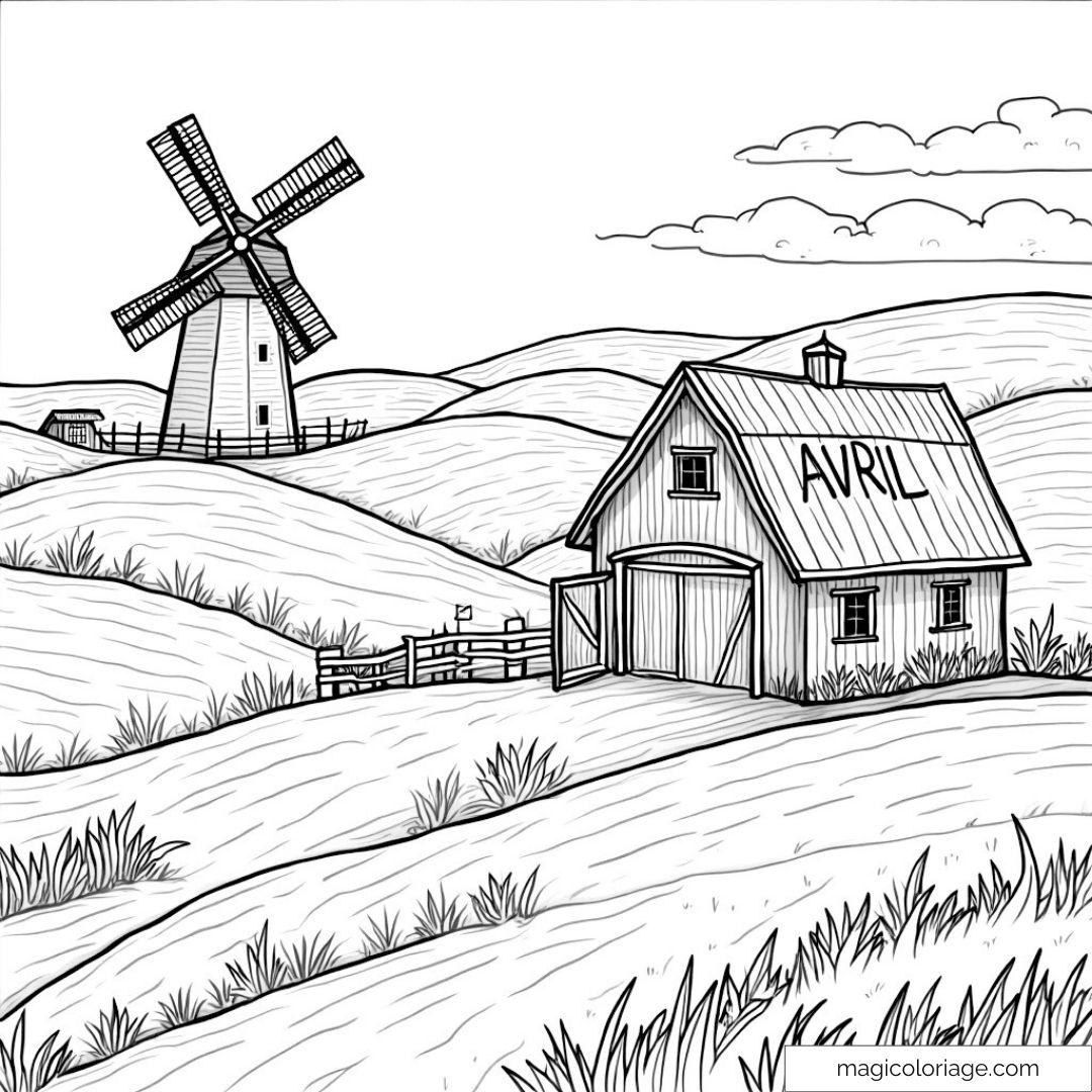 Dessin moulin et grange avec "Avril"