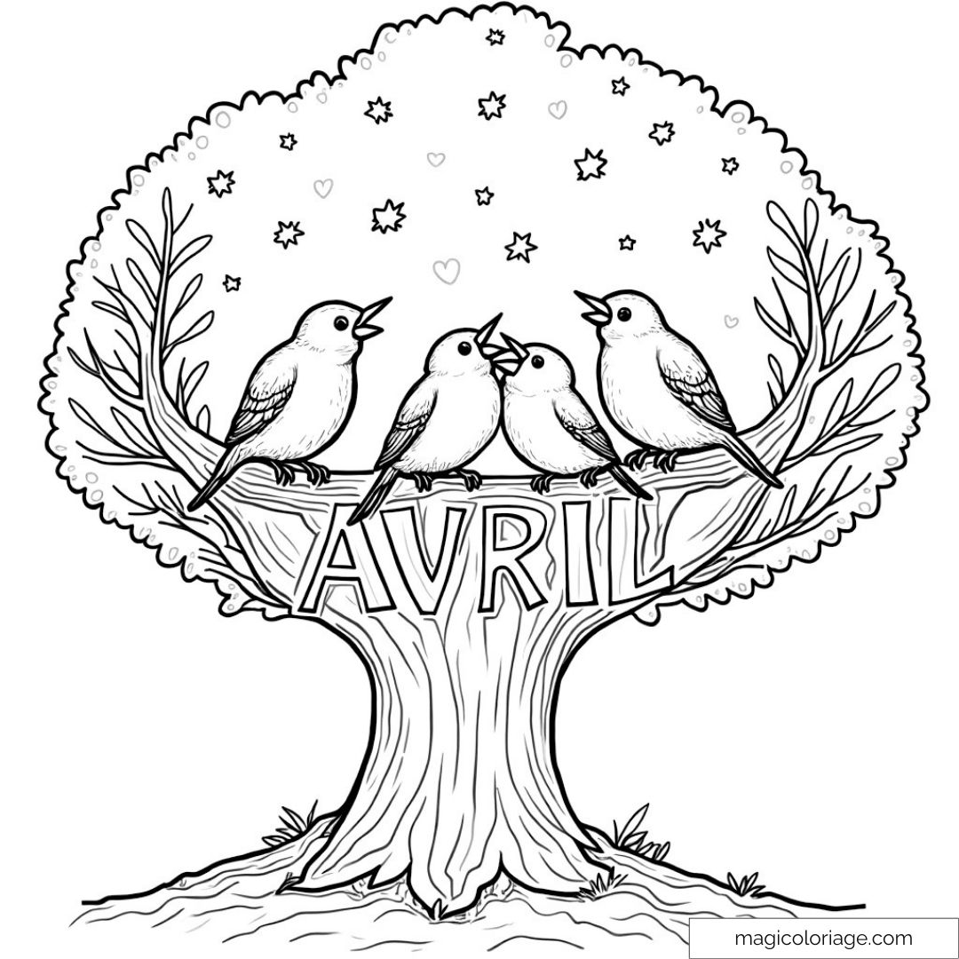 Dessin d'oiseaux dans un arbre avec le mot "Avril"
