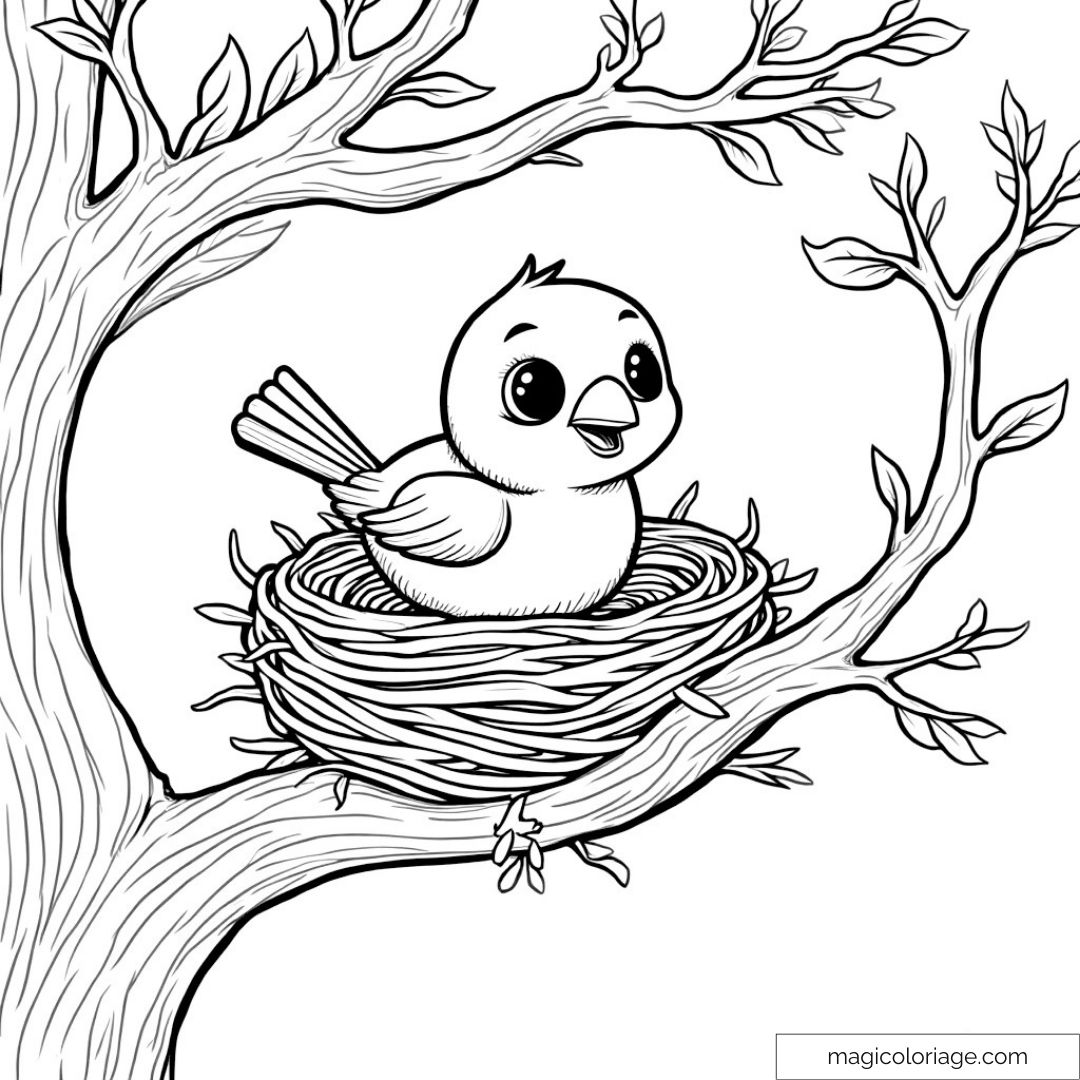 Oisillon mignon dans son nid sur une branche à colorier