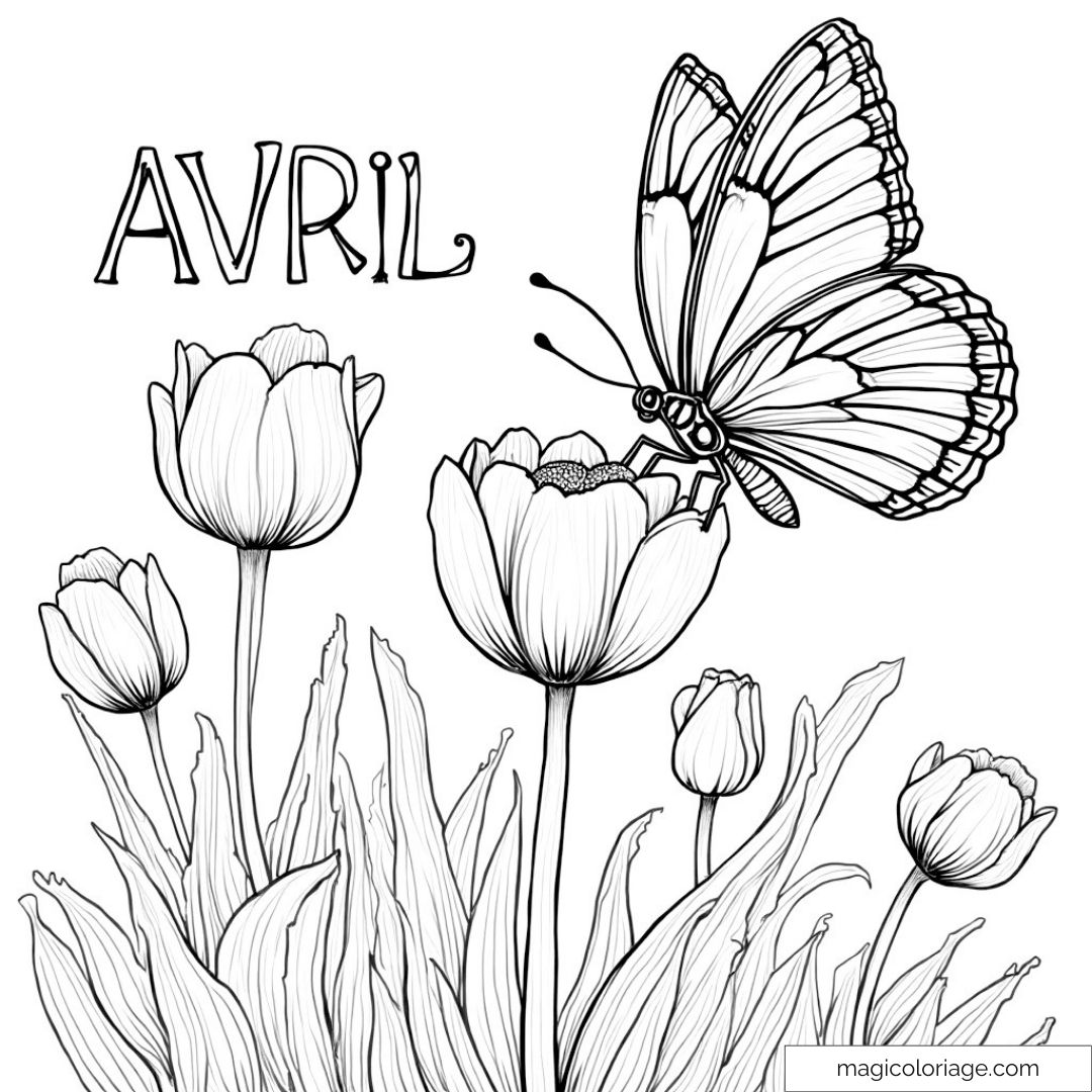 Coloriage de papillon sur tulipes avec texte avril.