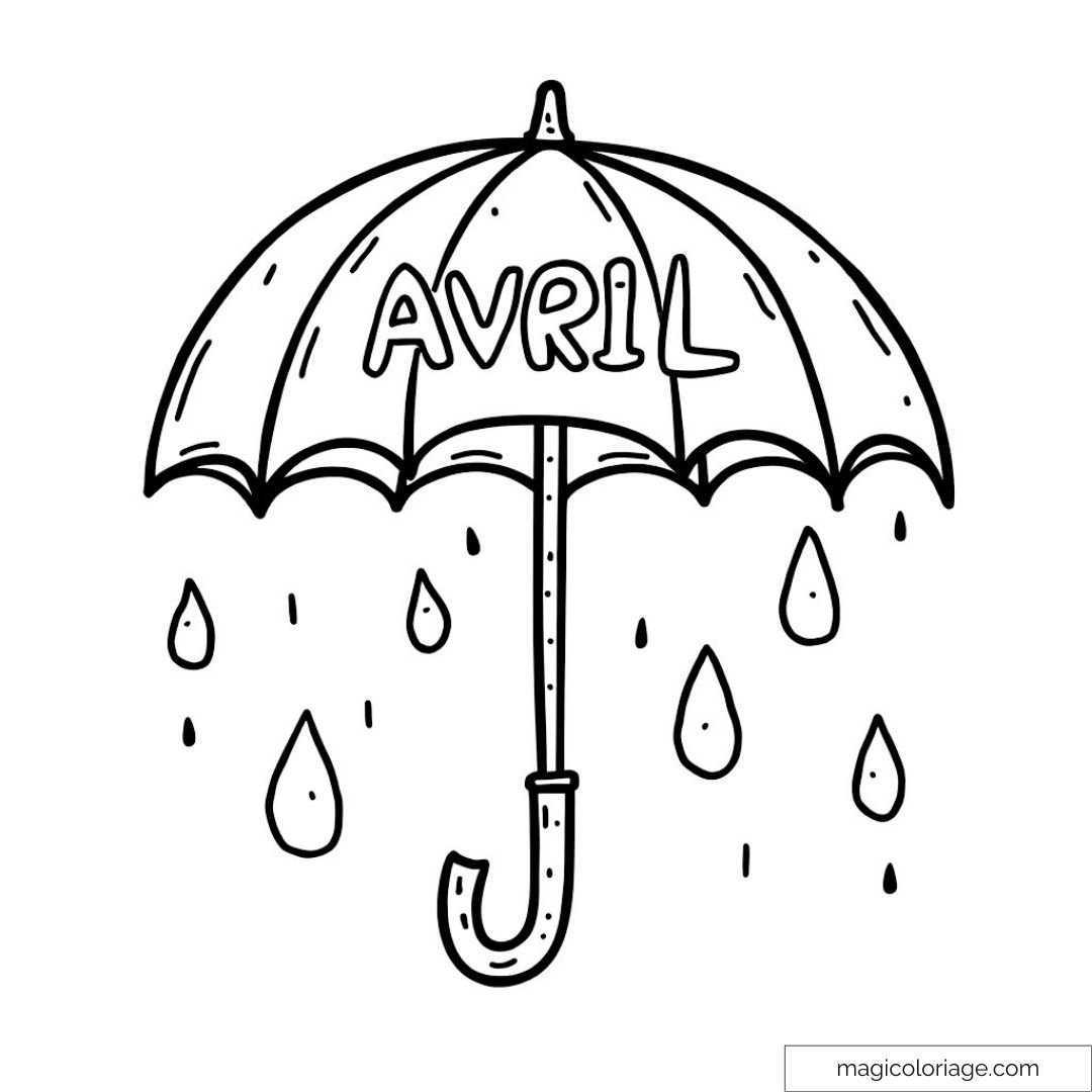 Dessin d'un parapluie avec texte "Avril" et gouttes de pluie