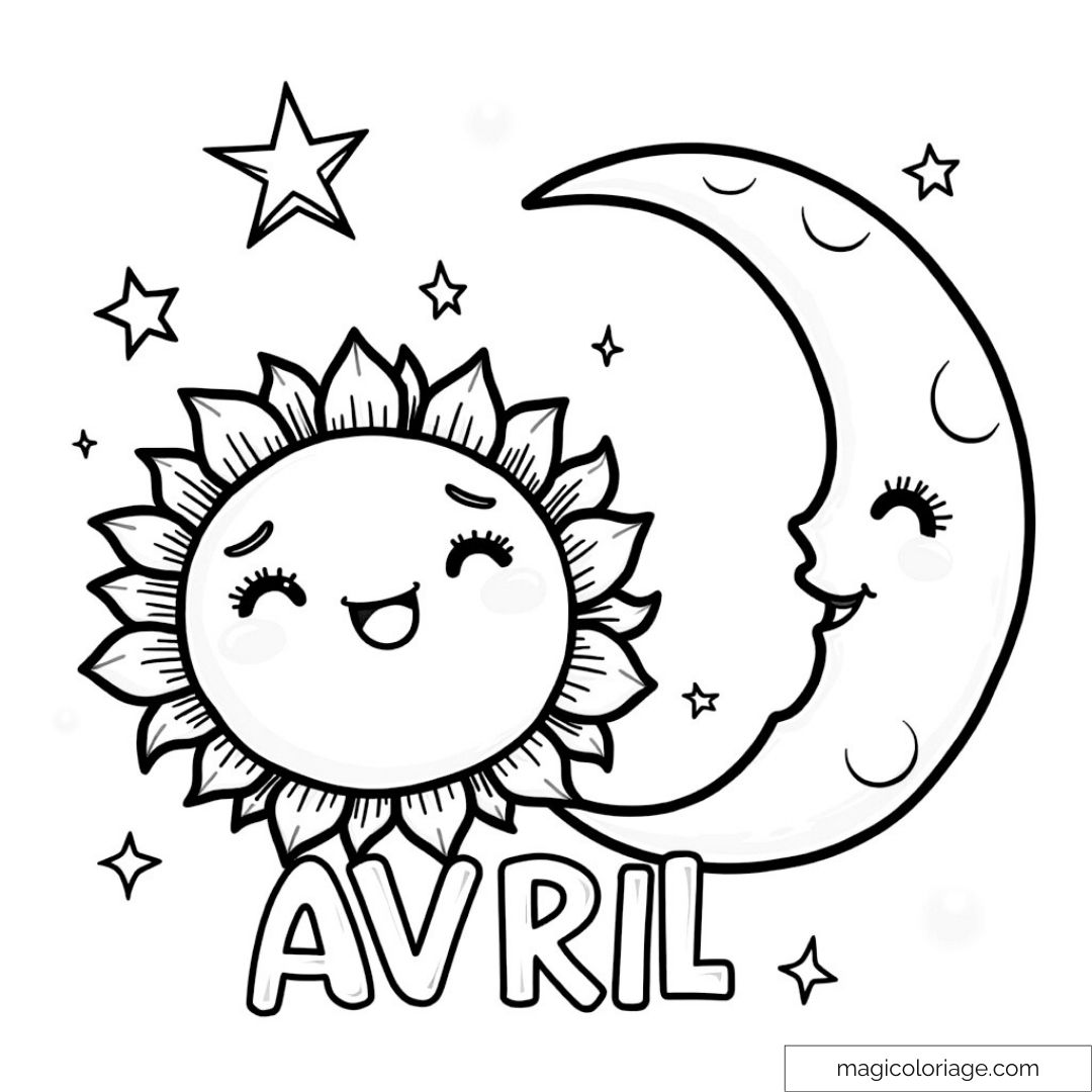 Illustration de soleil et lune souriants avec étoiles pour avril.