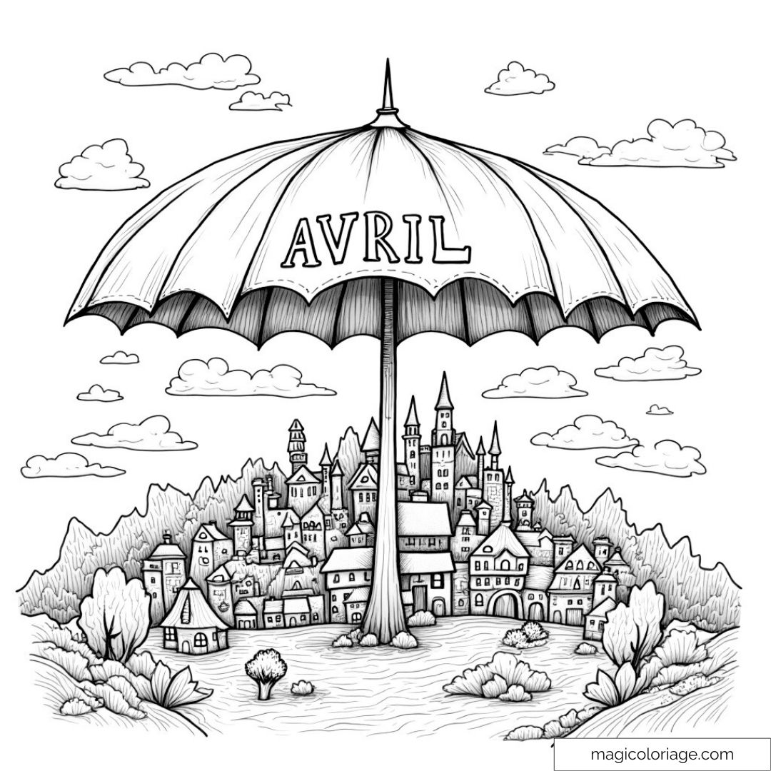 Parapluie géant protégeant une ville féerique en avril