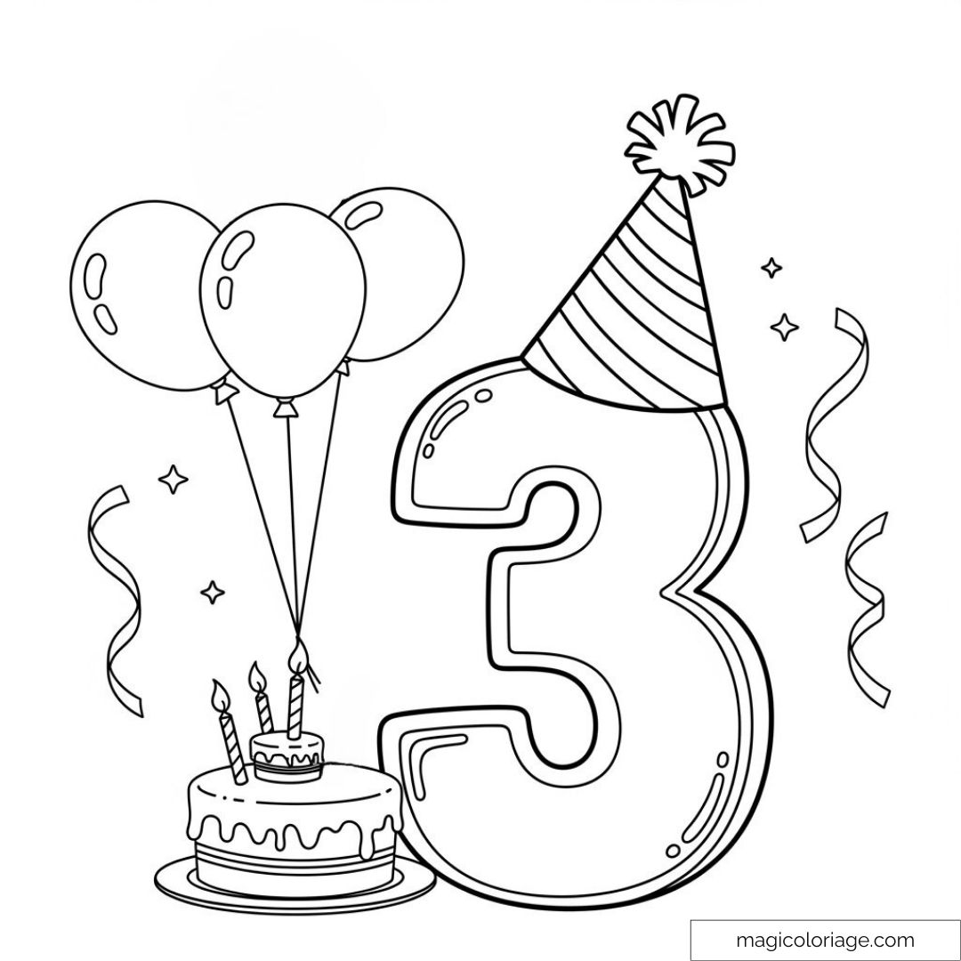Coloriage anniversaire 3 ans avec gâteau et ballons festifs.
