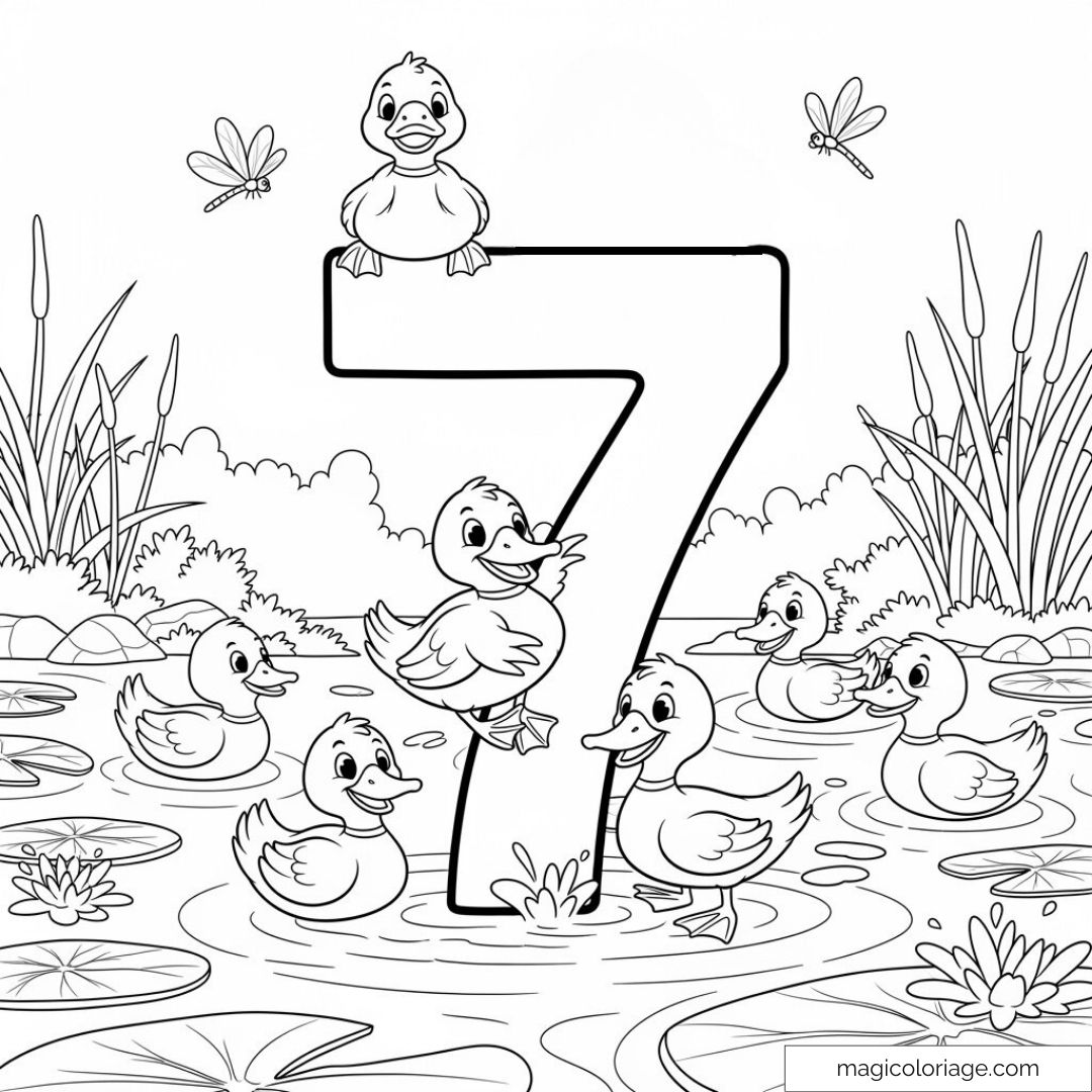 Canards joyeux autour numéro 7 à colorier pour enfants