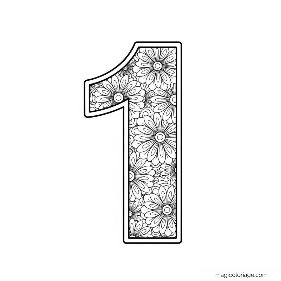 Coloriage chiffre 1 avec décoration florale détaillée